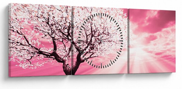 Růžový obraz stromu (s hodinami) (90x30 cm)