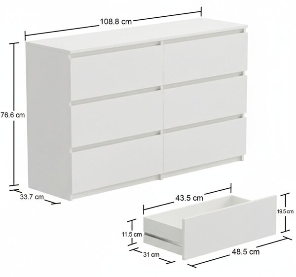 Komoda bílá se 6 zásuvkami 100 cm funkční moderní do obývacího pokoje, pokoje, kanceláře i domácnosti