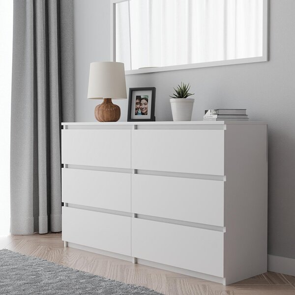 Komoda bílá se 6 zásuvkami 100 cm funkční moderní do obývacího pokoje, pokoje, kanceláře i domácnosti