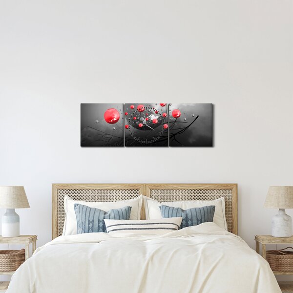 Obraz červených abstraktních koulí (s hodinami) (90x30 cm)
