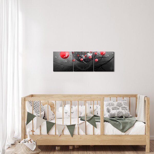 Obraz červených abstraktních koulí (s hodinami) (90x30 cm)