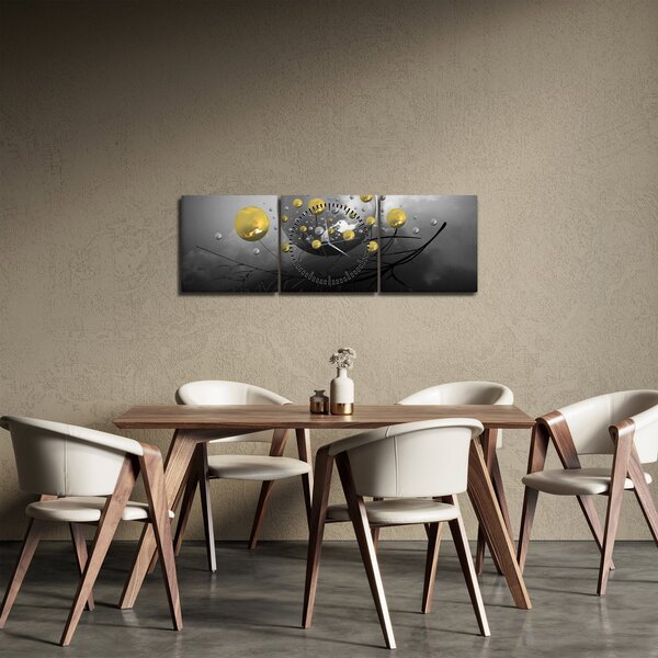 Obraz zlatých abstraktních koulí (s hodinami) (90x30 cm)