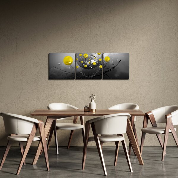 Obraz - žluté abstraktní koule (s hodinami) (90x30 cm)