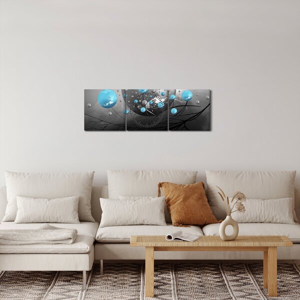 Obraz - světle modré abstraktní koule (s hodinami) (90x30 cm)