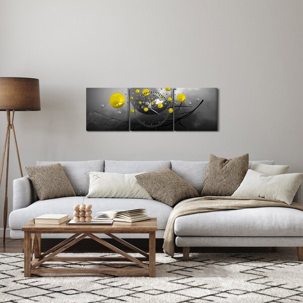 Obraz - žluté abstraktní koule (s hodinami) (90x30 cm)