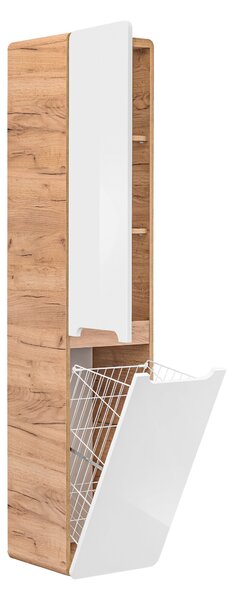 Comad Doplňková koupelnová skříňka vysoká Aruba White 35 s košem na prádlo dub craft/bílá lesk