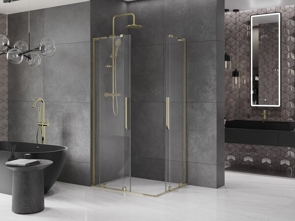 Mexen Velar L Duo, sprchový kout s posuvnými dveřmi 90 x 80 cm, 8mm čiré sklo, zlatá lesklá, 871-090-080-02-03-50