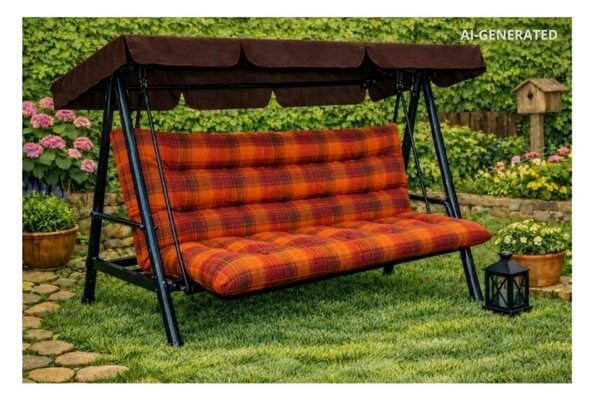 Polstr a opěrka na zahradní houpačku - 120 cm - oranžovočervená kostka - 120 cm