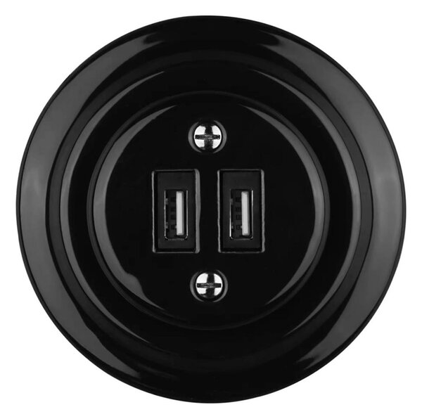 Reblig - Porcelánová retro USB napájecí zásuvka s rámečkem 2xUSB-A černá