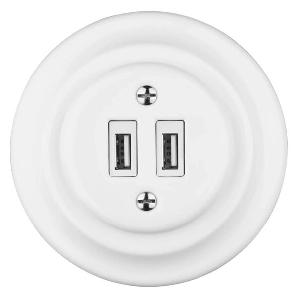 Reblig - Porcelánová retro USB napájecí zásuvka s rámečkem 2x USB-A bílá