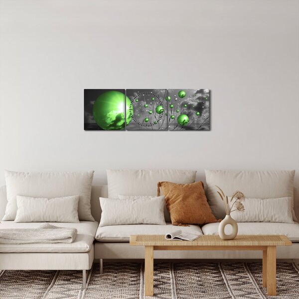 Obraz zelených abstraktních koulí (s hodinami) (90x30 cm)