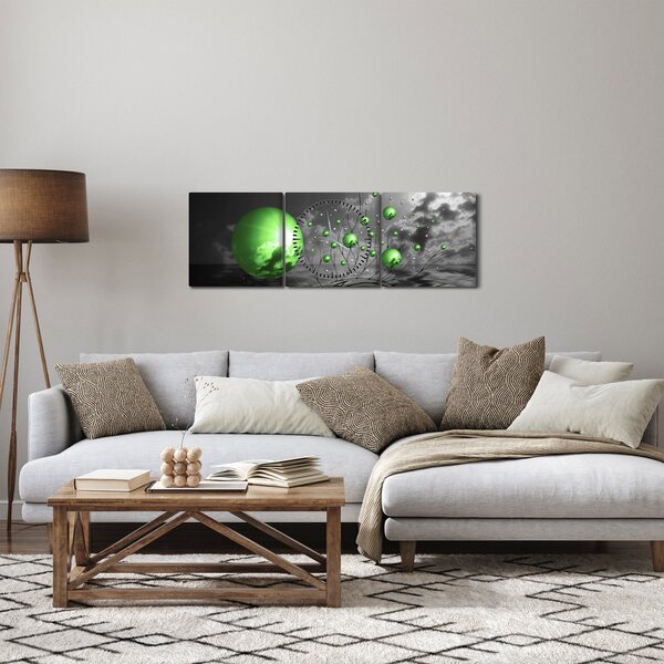 Obraz zelených abstraktních koulí (s hodinami) (90x30 cm)