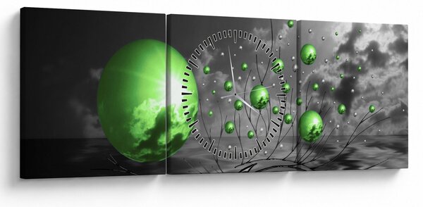 Obraz zelených abstraktních koulí (s hodinami) (90x30 cm)