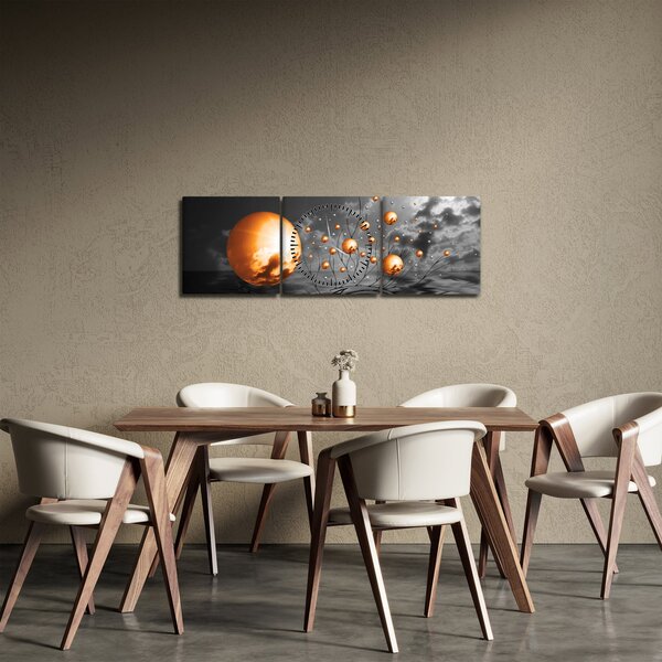 Obraz oražových abstraktních koulí (s hodinami) (90x30 cm)
