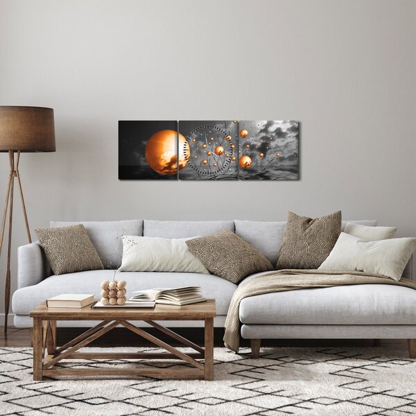 Obraz oražových abstraktních koulí (s hodinami) (90x30 cm)