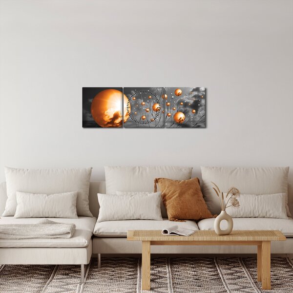 Obraz oražových abstraktních koulí (s hodinami) (90x30 cm)