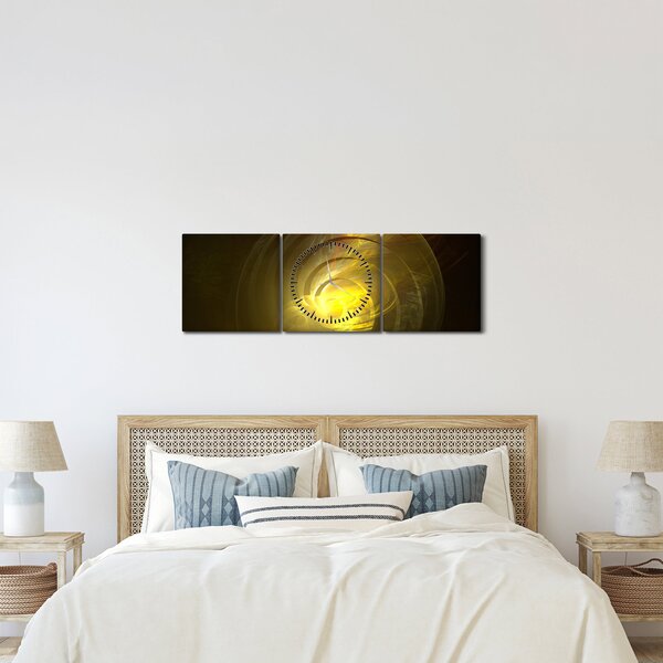 Obraz žluté abstraktní spirály (s hodinami) (90x30 cm)