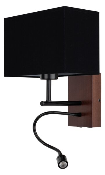 BRITOP Nástěnné svítidlo SONAR, 1W + 1xE27, š. 22 cm, CRI80 Barva stínidla: Černá látka, Barva podstavy: Dubové dřevo