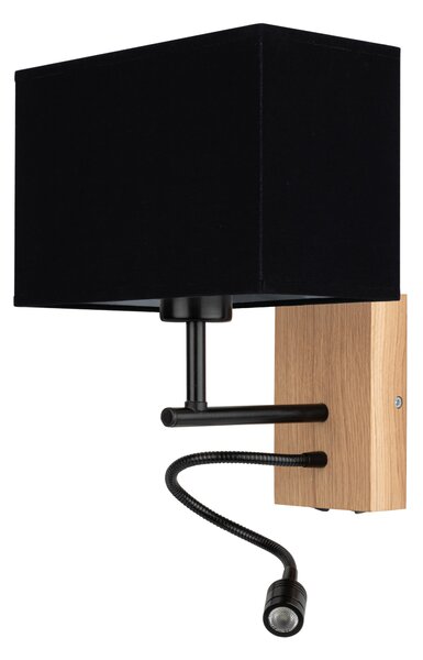 BRITOP Nástěnné svítidlo SONAR, 1W + 1xE27, š. 22 cm, CRI80 Barva stínidla: Černá látka, Barva podstavy: Dubové dřevo