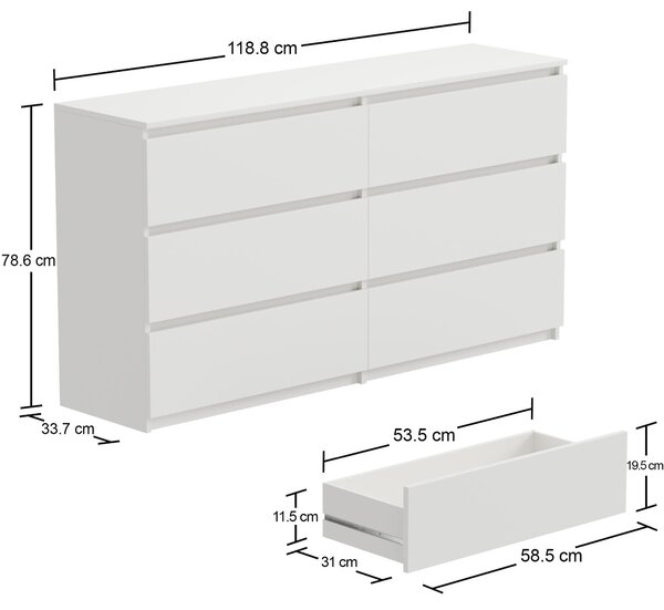 Komoda bílá matná 120 cm moderní klasická se 6 zásuvkami do obývacího pokoje, kanceláře a ložnice
