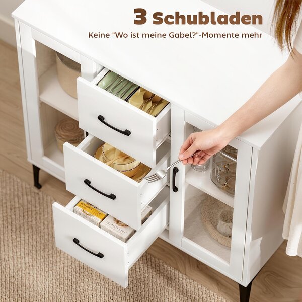 Komoda HOMCOM s 3 zásuvkami, 2 skleněnými dvířky a nastavitelnými policemi, bílá