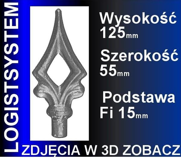 LogistSystem 1 ks ozdobná kovová špička – 125 x 55 mm (V x Š) / základna: ∅ 15, dekorace na plot 40.012