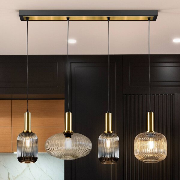 Schuller Valencia Závěsná lampa Norma, 98 cm, 4 světla, černá/mosaz, sklo, stmívatelný, Vícebarevná, Obývací pokoj / jídelna, kov