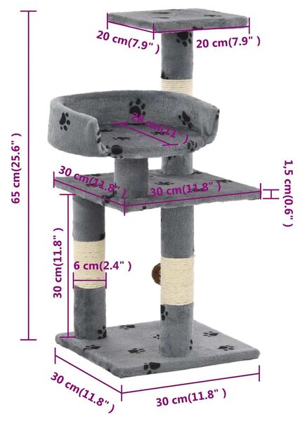 Škrabadlo pro kočky se sisalovými sloupky 65 cm šedé s tlapkami 170608