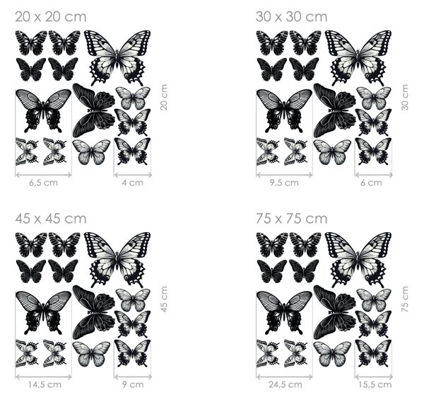 Motýli černí 13 ks textilní přelepitelné samolepky na zeď arch 45 x 45 cm