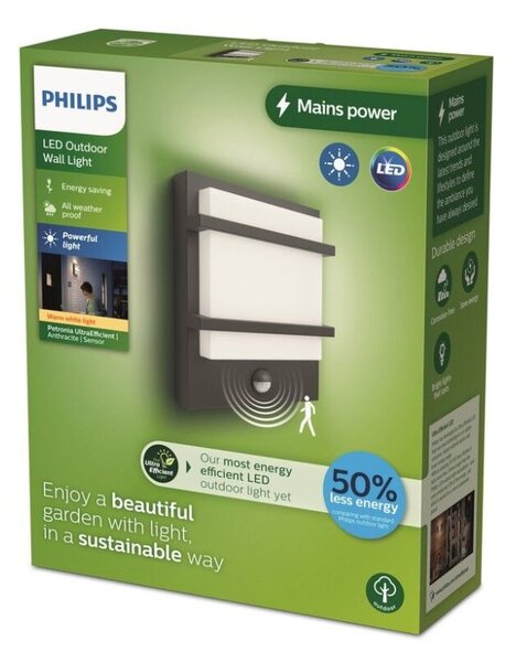 Philips 8720169263734 UltraEfficient Petronia venkovní nástěnné svítidlo se senzorem PIR LED 3,8W/800lm 2700K IP44 antracit