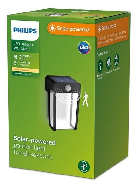 Philips 8720169265509 Outdoor solar Shroud solární nástěnné svítidlo se senzorem PIR LED 2,3W 250/25lm 2700K IP44 černá, čírá