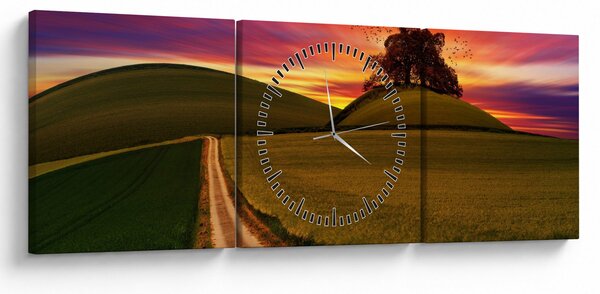 Obraz pole se západem slunce (s hodinami) (90x30 cm)