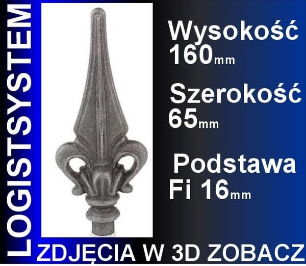 LogistSystem 1 ks ozdobná kovová špička – 160 x 25 mm (V x Š) / základna: ∅ 16, dekorace na plot 40.104