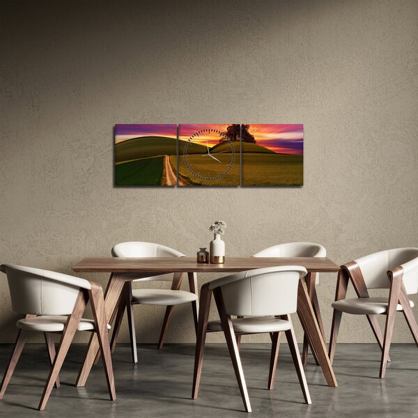 Obraz pole se západem slunce (s hodinami) (90x30 cm)