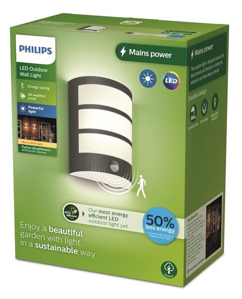 Philips 8720169269194 UltraEfficient Python venkovní nástěnné svítidlo se senzorem PIR LED 3,8W/800lm 2700K IP44 antracit