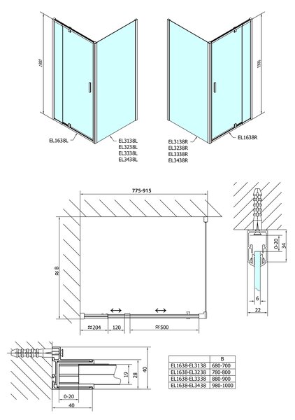 Polysan Polysan, EASY LINE otočné sprchové dveře 760-900mm, sklo BRICK, EL1638
