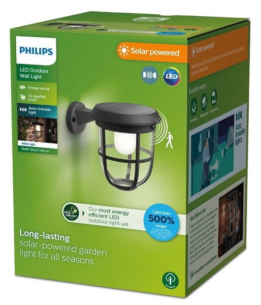 Philips 8720169267176 UltraEfficient Solar Radii solární nástěnné svítidlo se senzorem PIR LED 1,3W/250lm 3000K IP44 černá