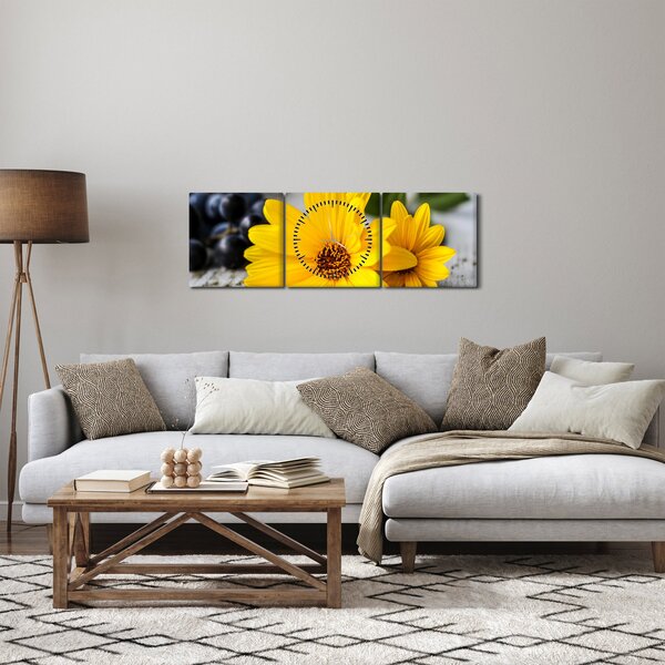 Obraz žlutých květů (s hodinami) (90x30 cm)