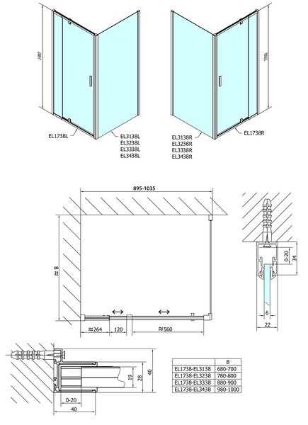Polysan Polysan, EASY LINE otočné sprchové dveře 880-1020mm, sklo BRICK, EL1738