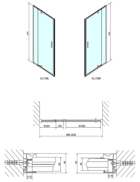 Polysan Polysan, EASY LINE otočné sprchové dveře 880-1020mm, sklo BRICK, EL1738