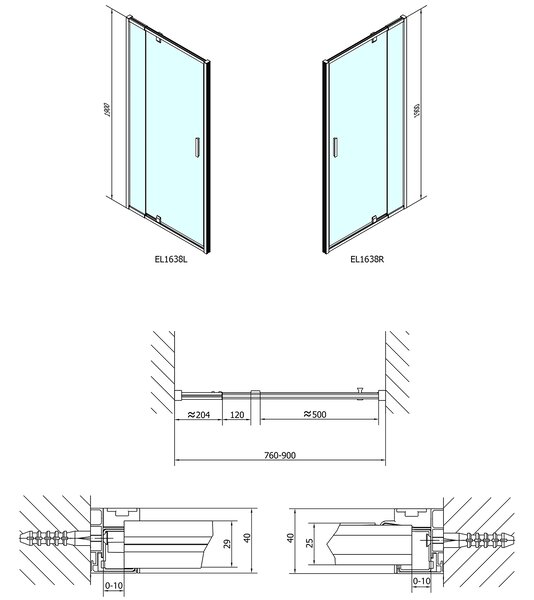 Polysan Polysan, EASY LINE otočné sprchové dveře 760-900mm, sklo BRICK, EL1638
