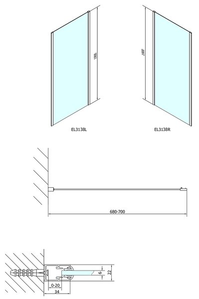 Polysan Polysan, EASY LINE sprchová boční stěna 700mm, sklo BRICK, EL3138