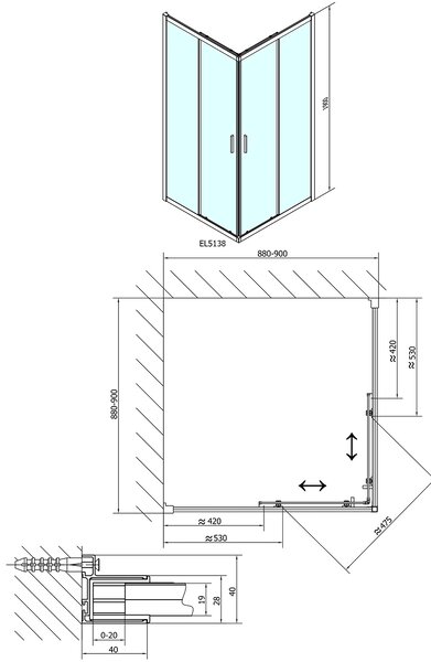 Polysan Polysan, EASY LINE čtvercová sprchová zástěna 900x900mm, sklo BRICK, EL5138