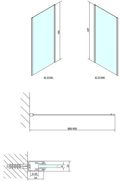 Polysan Polysan, EASY LINE sprchová boční stěna 900mm, sklo BRICK, EL3338