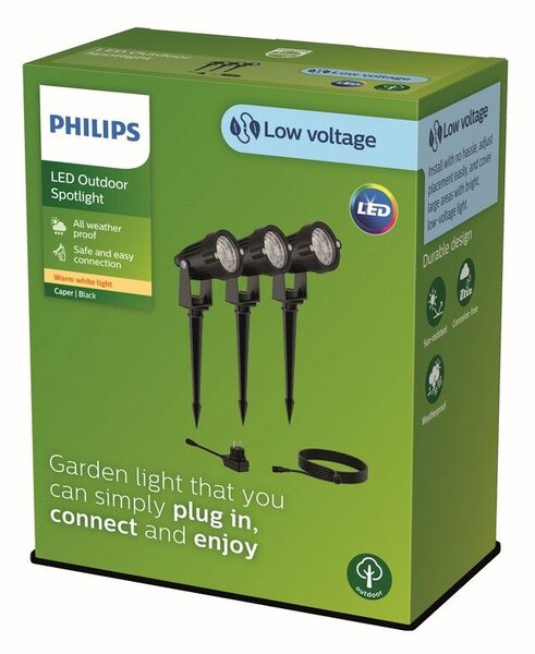 Philips 8720169269392 GardenLink Low Volt Caper nízkonapěťové venkovní svítidlo/reflektor 24V LED 3x1,5W/180lm 2700K IP44 černá 3-set+adaptér+kabel 5m