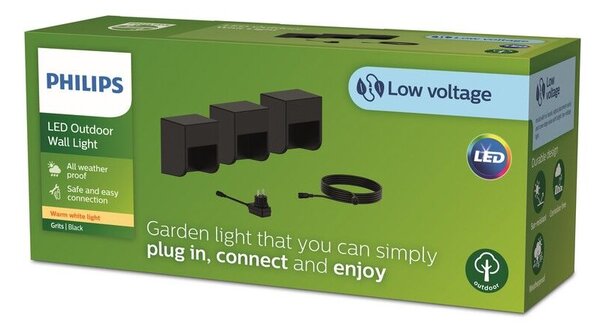 Philips 8720169269439 GardenLink Low Volt 24V Grits nízkonapěťové venkovní nástěnné svítidlo LED 3x1,5W/180lm 2700K IP44 černá 3-set+adaptér+kabel 5m