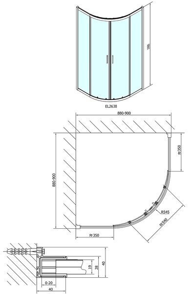 Polysan Polysan, EASY LINE čtvrtkruhová sprchová zástěna 900x900mm, sklo BRICK, EL2638