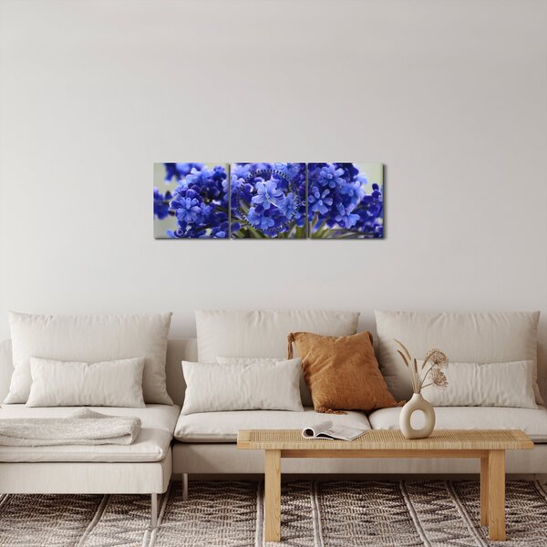 Obraz kytice modrých květů (s hodinami) (90x30 cm)