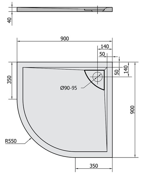 Polysan Polysan, LUSSA sprchová vanička z litého mramoru se záklopem, čtvrtkruh 90x90x4cm, R550, 71602