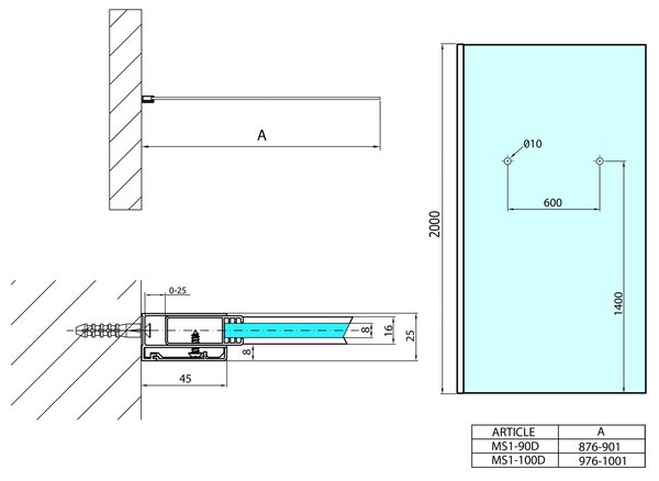 Polysan Polysan, MODULAR SHOWER stěna pro instalaci na zeď, jednodílná, 1000 mm s otvory pro držák ručníků, MS1-100-D